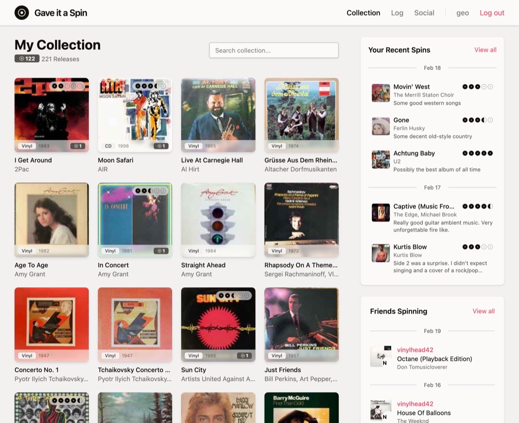 Gave It A Spin collection page showing a grid of record covers synced from Discogs