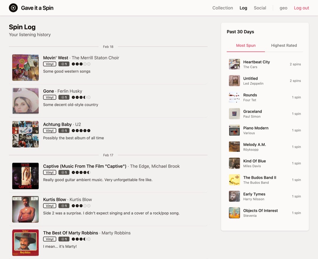 Listening log showing recent spins with dates, ratings, and album details