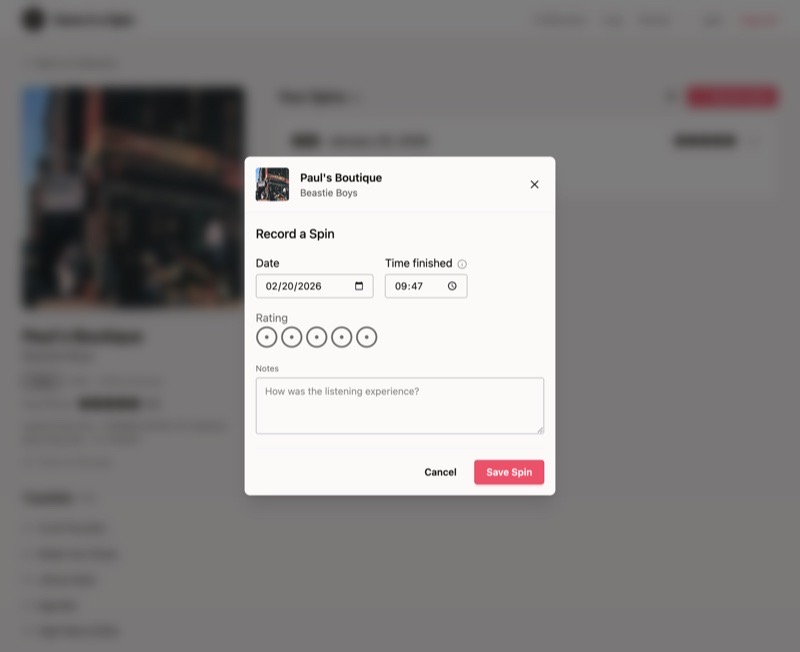 Recording a new spin - selecting a record from the collection to log a listening session