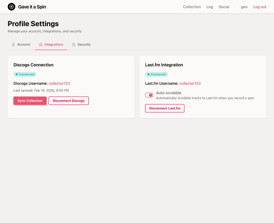 Settings page with Discogs connection, Last.fm integration, and privacy controls