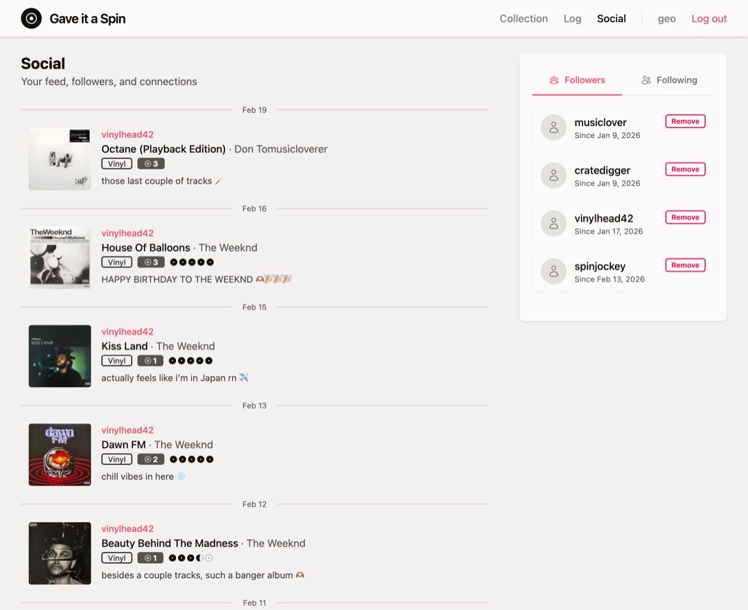 Social feed showing recent spins from followed collectors with ratings and comments